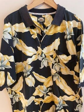 Tommy Bahama Black and Yellow Tropical Floral Polo
